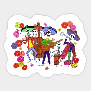 Skeleton Mexican Mariachi Band Guitar, Fiddle, Bass, Drums, Horn Sticker